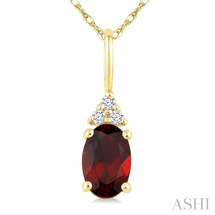 1/50 Ctw Oval Cut 6X4 MM Garnet and Round Cut Diamond Semi-Precious Pendant With Chain in 10K Yellow Gold
