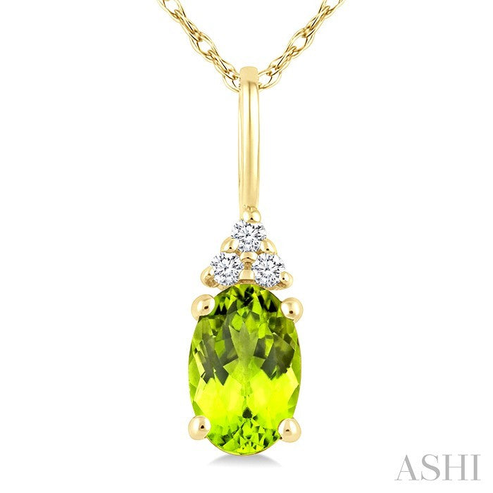 1/50 Ctw Oval Cut 6X4 MM Peridot and Round Cut Diamond Semi-Precious Pendant With Chain in 10K Yellow Gold