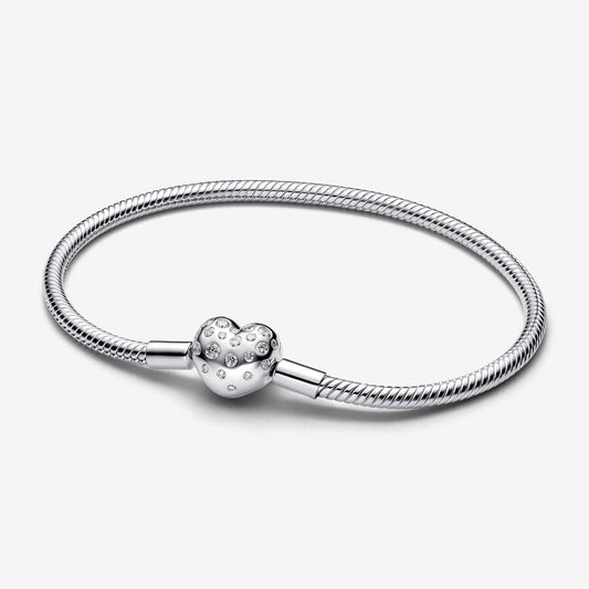 Pandora Sterling Silver Lab-grown Diamond Heart Clasp Snake Chain Bracelet