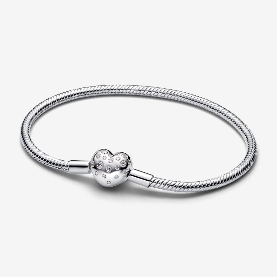 Pandora Sterling Silver Lab-grown Diamond Heart Clasp Snake Chain Bracelet