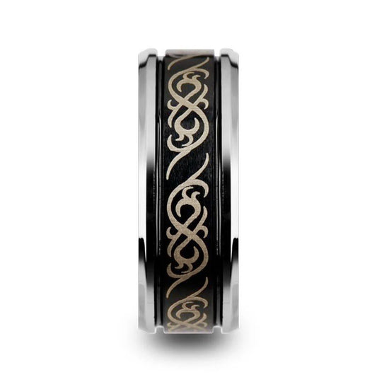 RAIZEN Tungsten Carbide Wedding Ring with Dual Offset Grooves and Laser Engraved Celtic Pattern Polished and Beveled Edg