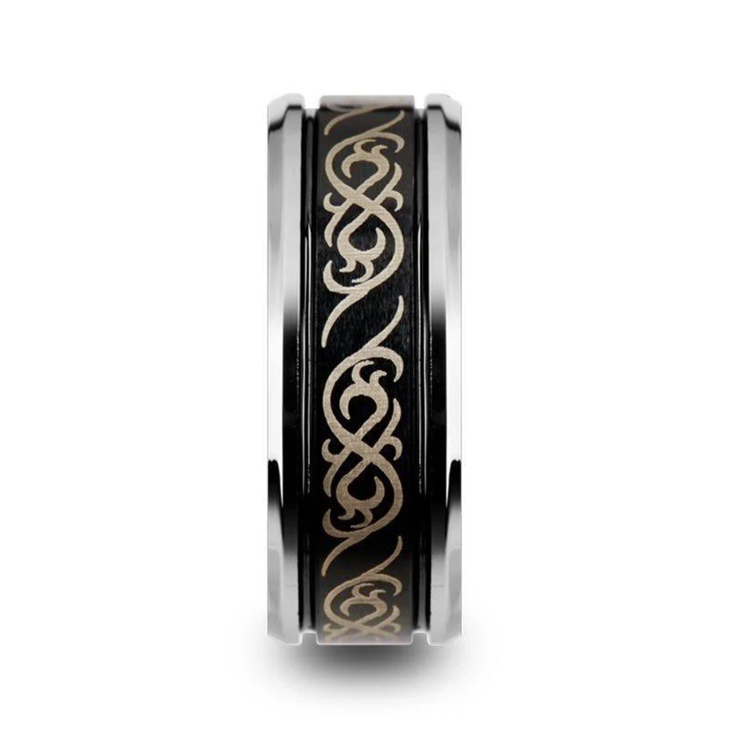 RAIZEN Tungsten Carbide Wedding Ring with Dual Offset Grooves and Laser Engraved Celtic Pattern Polished and Beveled Edg