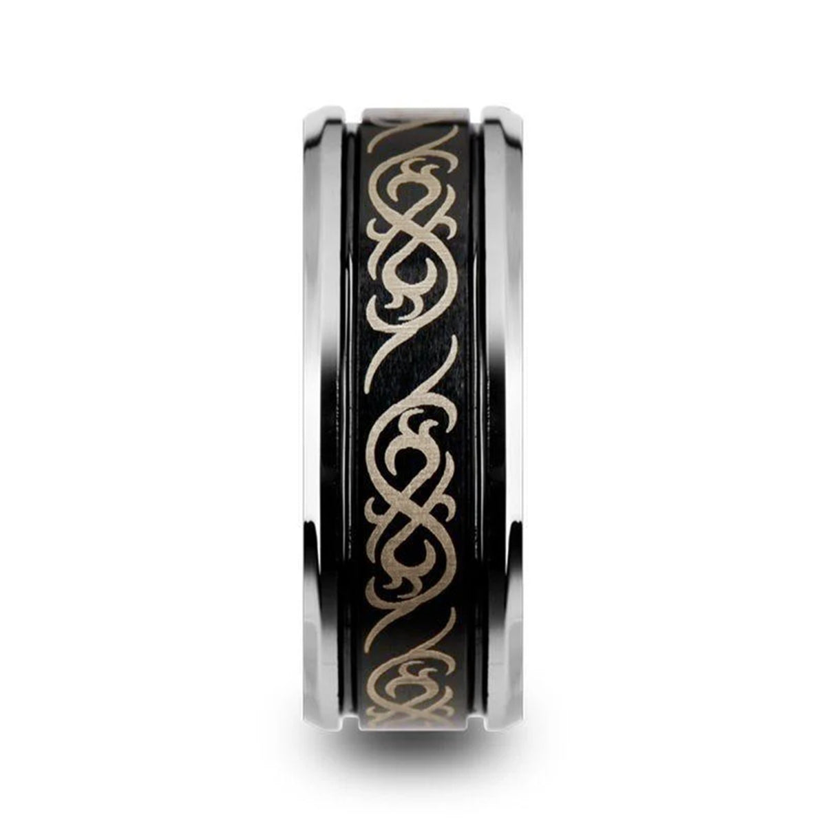 RAIZEN Tungsten Carbide Wedding Ring with Dual Offset Grooves and Laser Engraved Celtic Pattern Polished and Beveled Edg