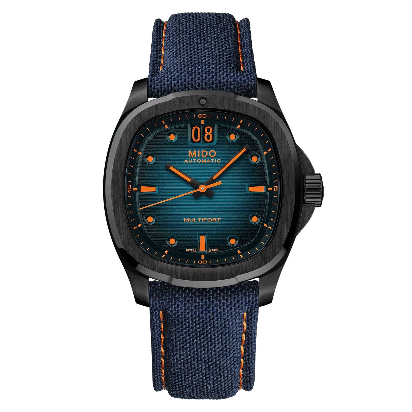 MIDO Multifort TV Big Date Blue and Orange Dial Stainless Steel Black PVD Watch - Blue Fabric Strap - 39.2 x 40mm