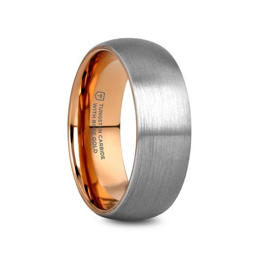CAMERON Domed Brushed Finish Tungsten Carbide Men's Wedding Band With Rose Gold Ion Plating Interior - 8mm