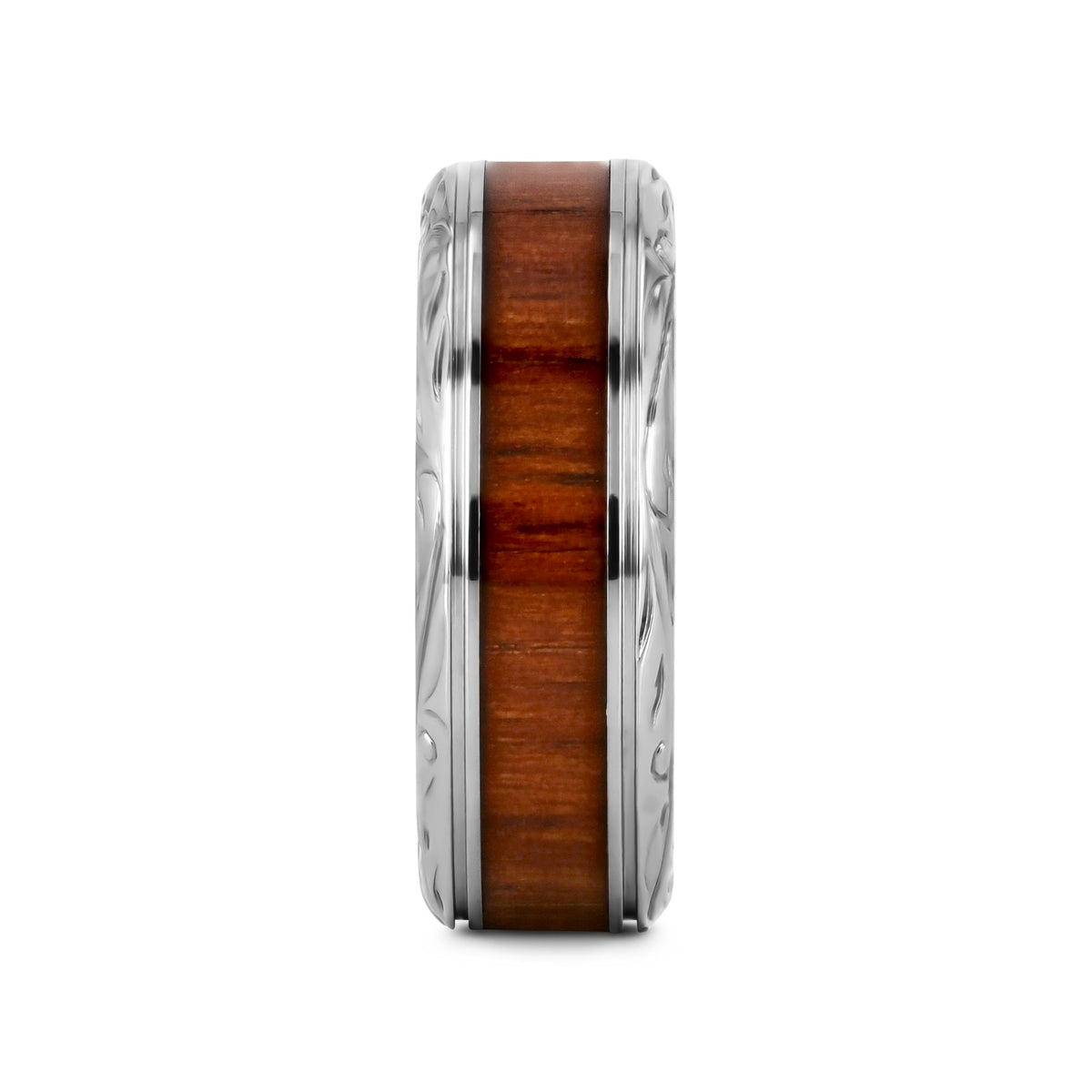 OHANA Koa Wood Inlaid Titanium Men’s Wedding Ring with Intricate Edges - 6mm - 10mm
