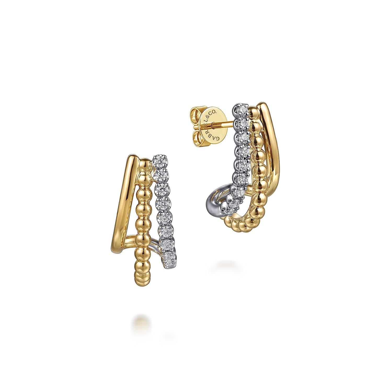 Gabriel & Co. 14K White Yellow Gold Bujukan Diamond 3 Row J Hoop Stud Earrings