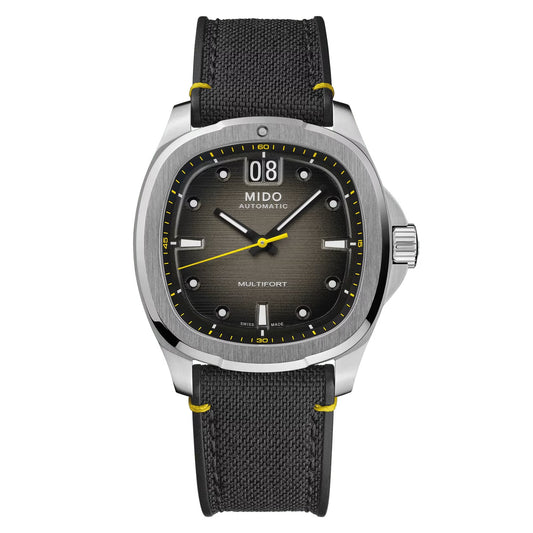 MIDO Multifort TV Big Date Black and Yellow Dial Stainless Steel Watch - Black Fabric Strap - 39.2 x 40mm