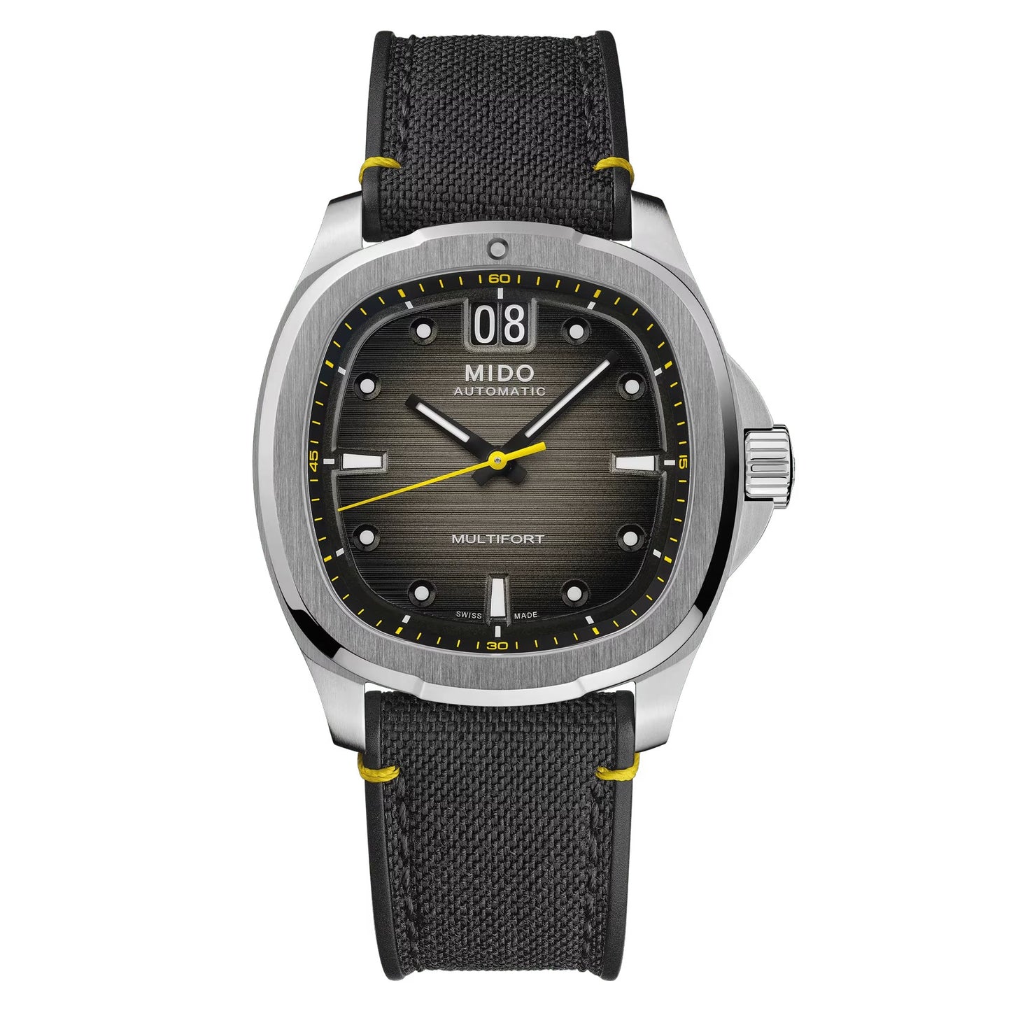 MIDO Multifort TV Big Date Black and Yellow Dial Stainless Steel Watch - Black Fabric Strap - 39.2 x 40mm