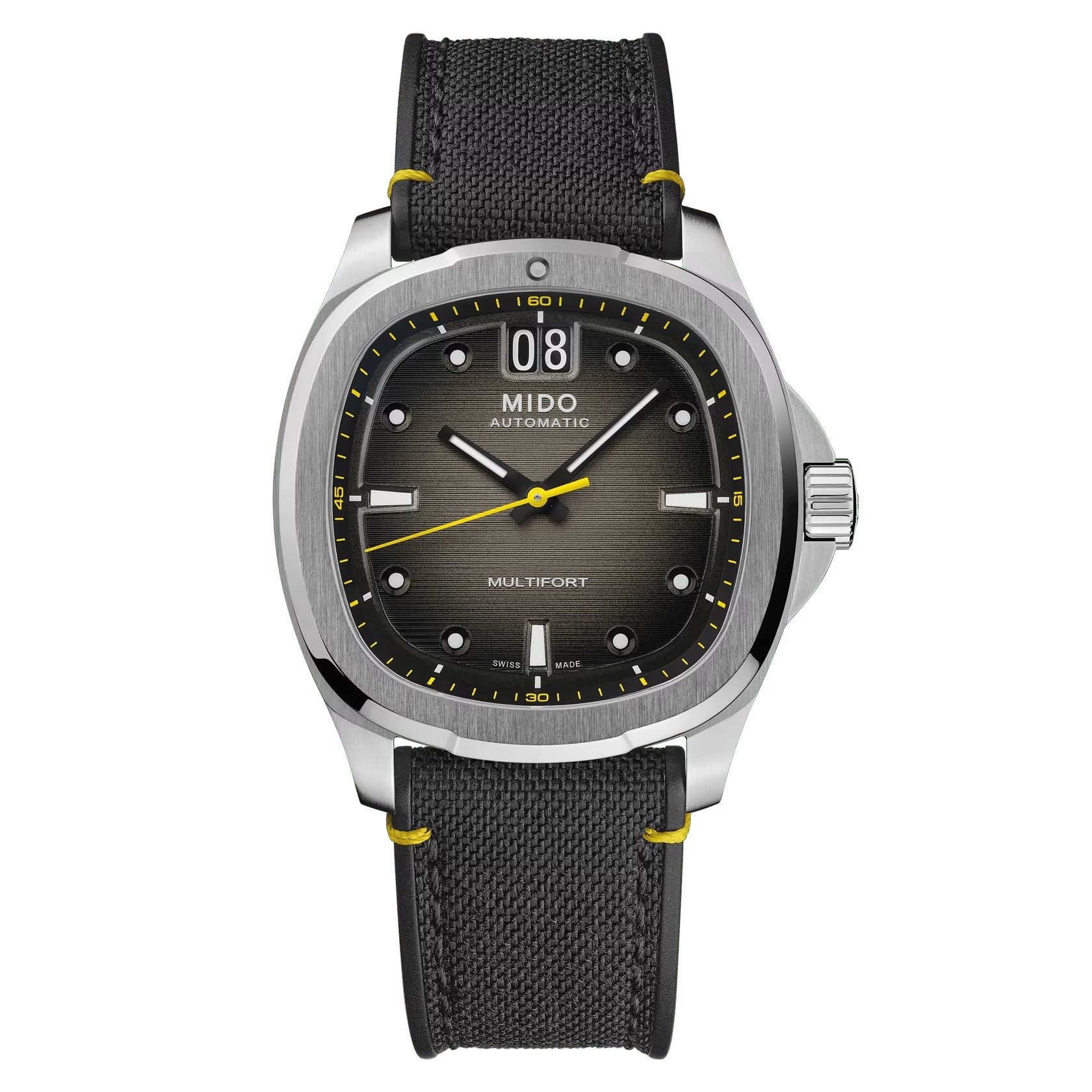 MIDO Multifort TV Big Date Black and Yellow Dial Stainless Steel Watch - Black Fabric Strap - 39.2 x 40mm