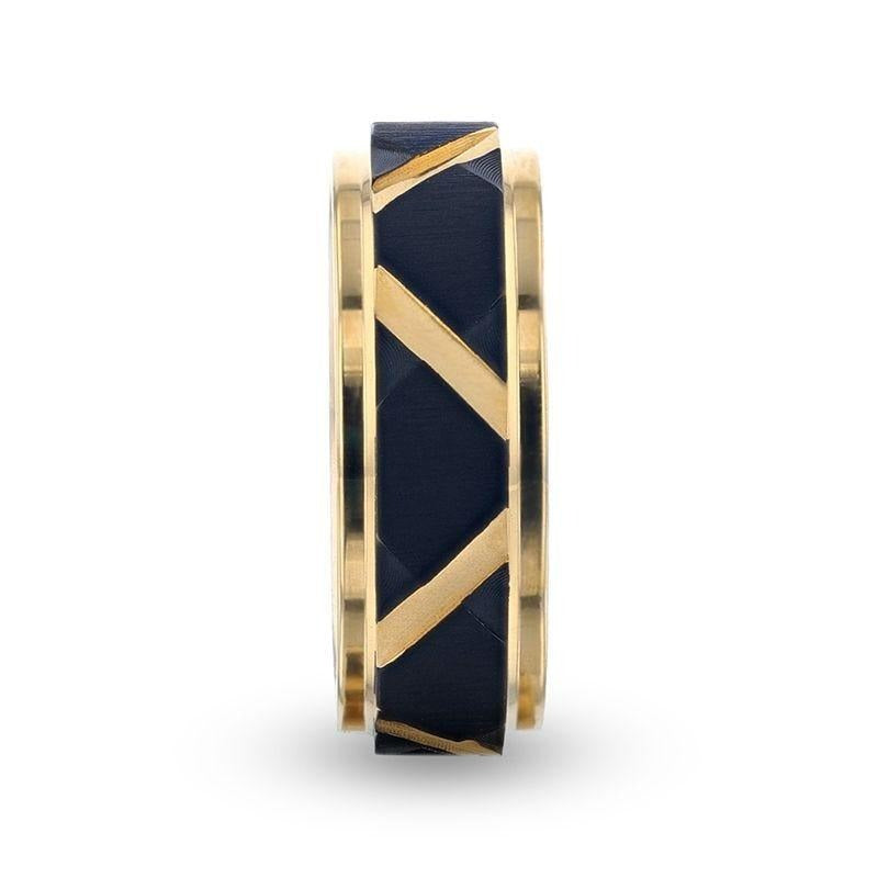 FLEMING Yellow Gold Polished Step Edged Titanium Men's Wedding Band With Matte Black Raised Horizontal Etches and Diagon