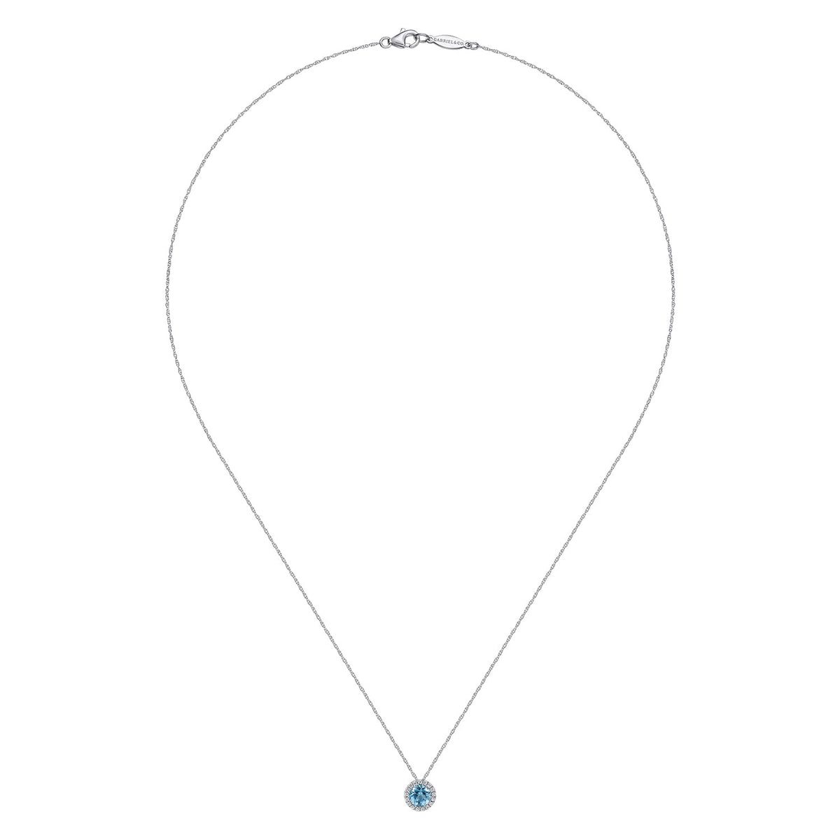 Gabriel & Co. 14K White Gold Round Swiss Blue Topaz and Diamond Halo Pendant Necklace .06CTW