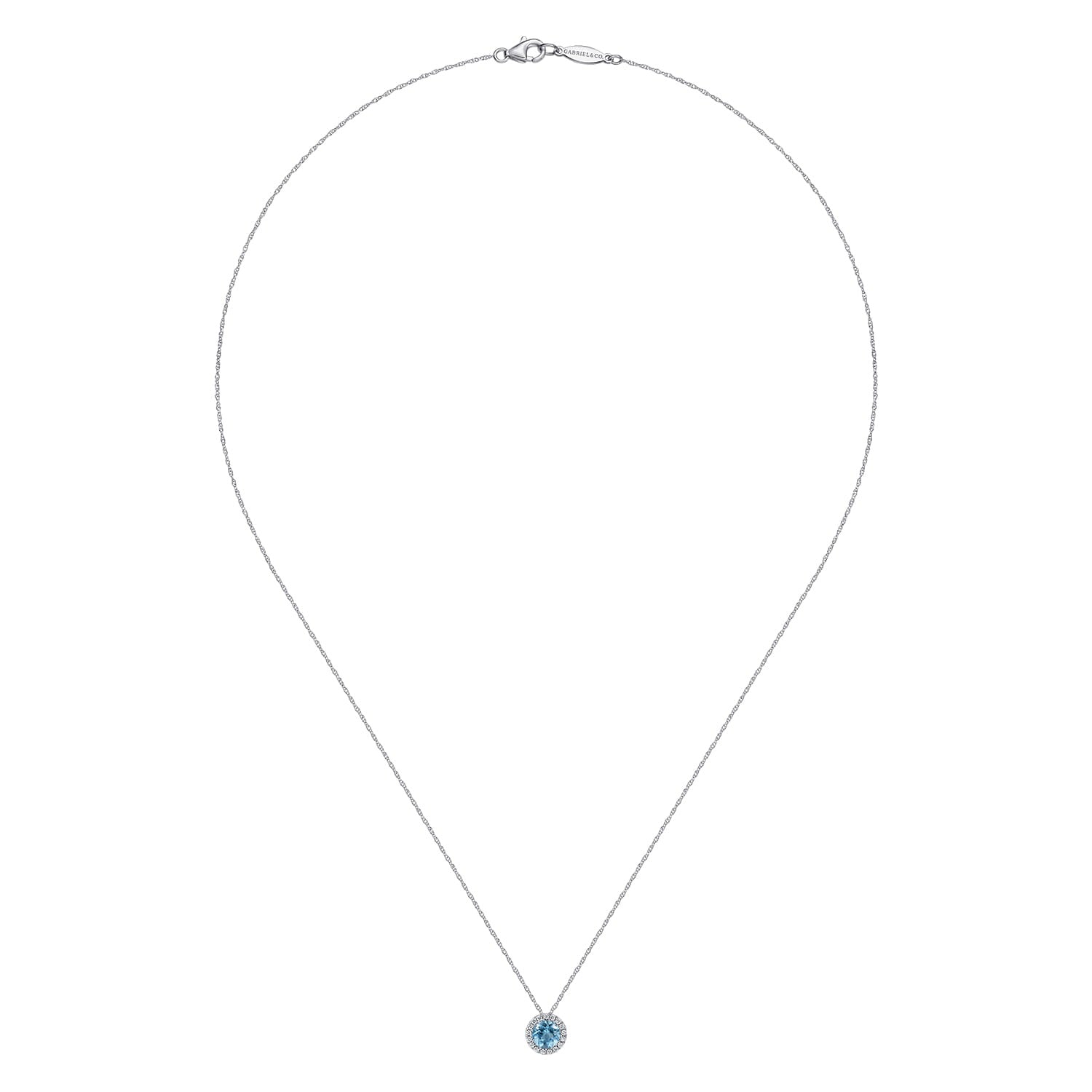 Gabriel & Co. 14K White Gold Round Swiss Blue Topaz and Diamond Halo Pendant Necklace .06CTW