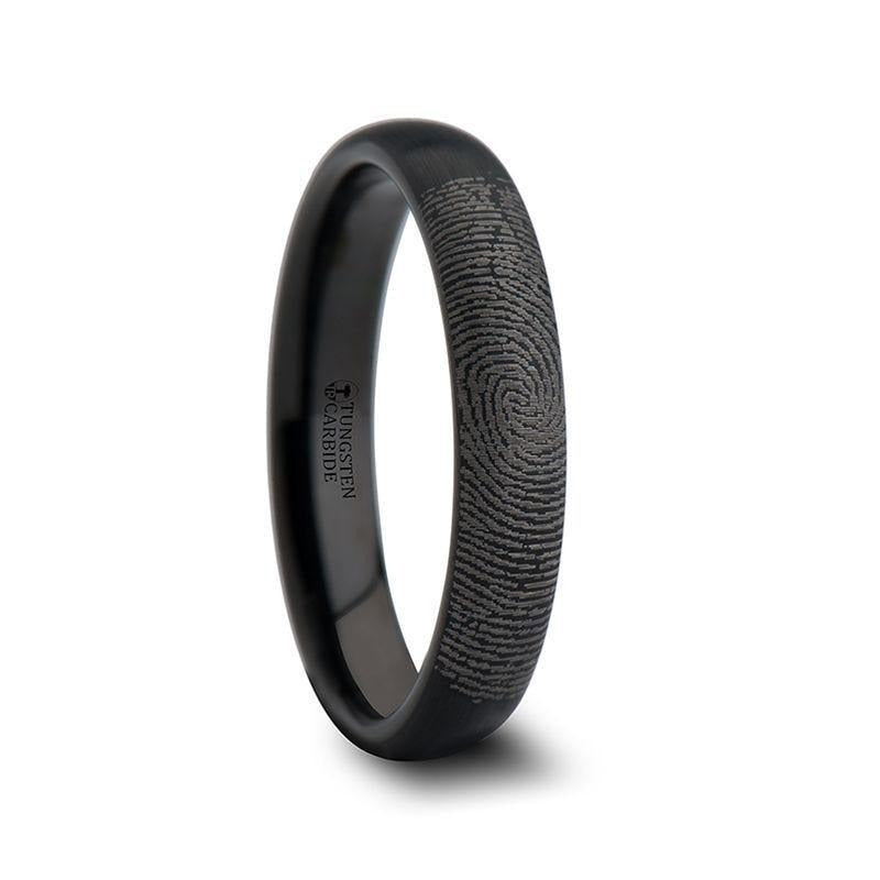 Fingerprint Engraved Domed Black Tungsten Ring with Brushed Finish - Raider - 4mm - 12mm - 6mm