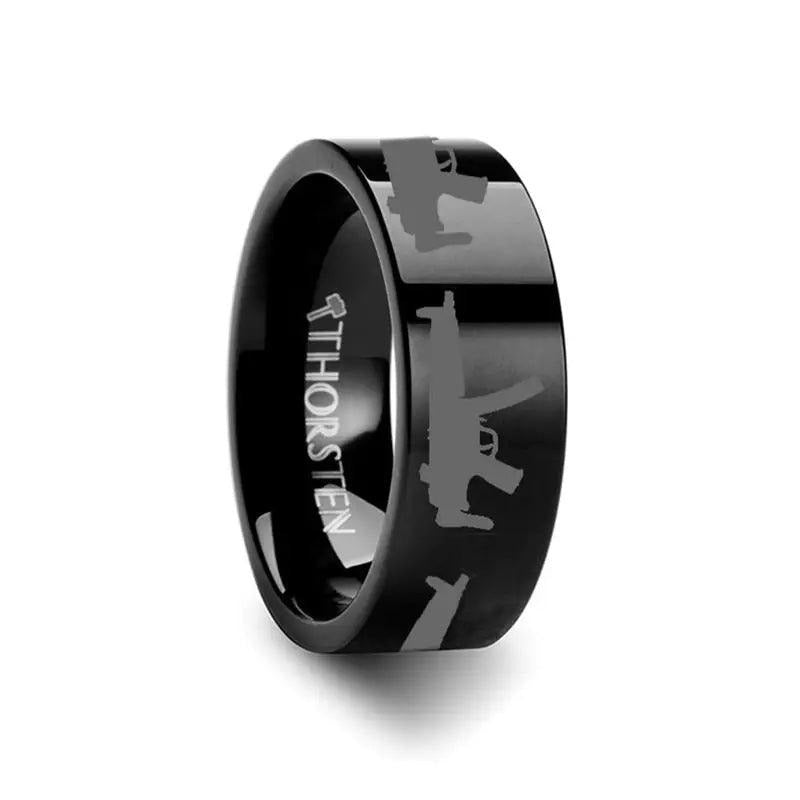 MP5 Print Design Engraved Flat Tungsten Black Ring - 4mm - 12mm - 6mm