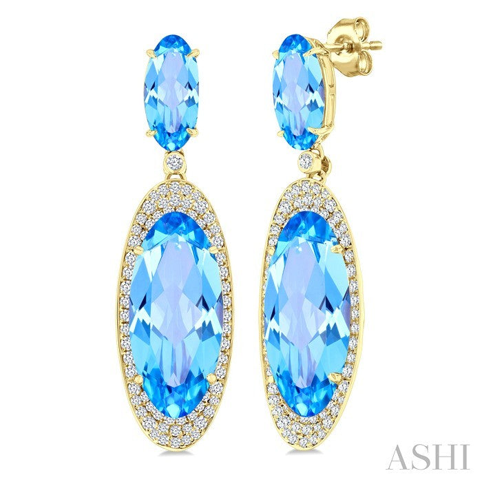 18X8 MM Evoque Gemstones & 10X5 MM Oval Shape Blue Topaz and 3/4 Ctw Round Cut Diamond Halo Semi-Precious Earrings in 14