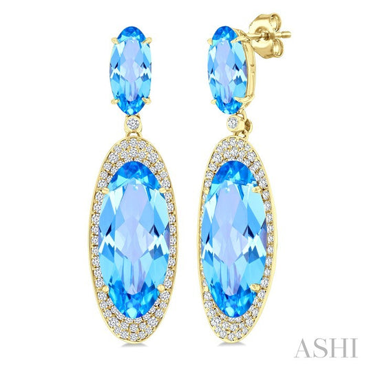 18X8 MM Evoque Gemstones & 10X5 MM Oval Shape Blue Topaz and 3/4 Ctw Round Cut Diamond Halo Semi-Precious Earrings in 14