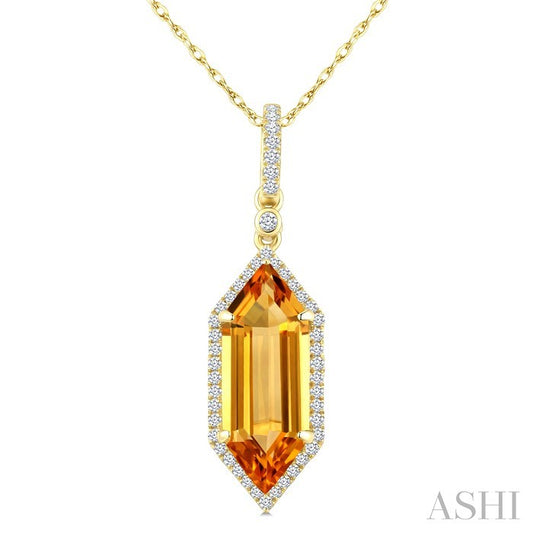 16X6 MM Evoque Gemstone Hexagon Shape Citrine and 1/5 Ctw Round Cut Diamond Semi-Precious Pendant With Chain in 10K Yell
