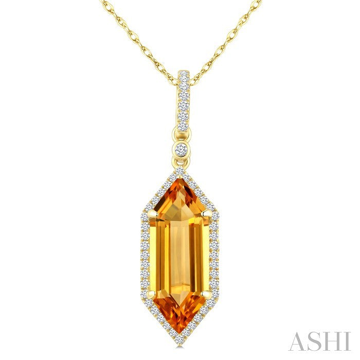 16X6 MM Evoque Gemstone Hexagon Shape Citrine and 1/5 Ctw Round Cut Diamond Semi-Precious Pendant With Chain in 10K Yell