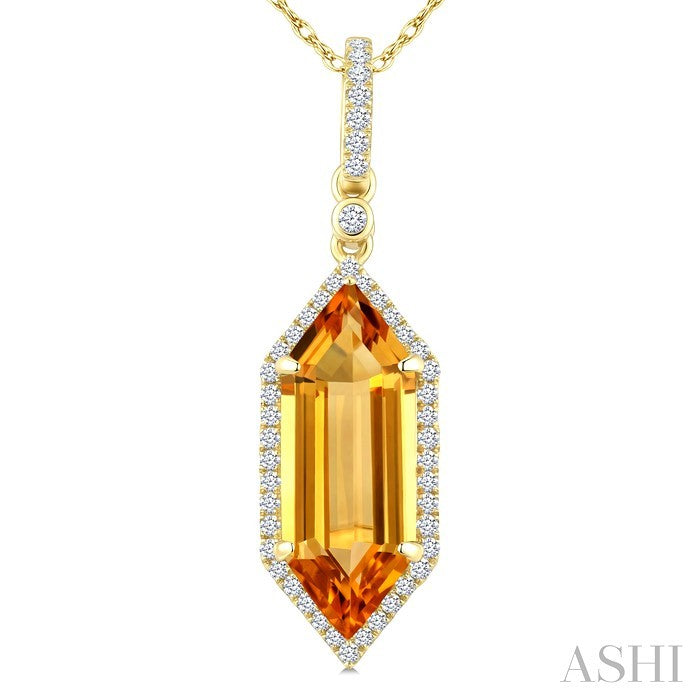 16X6 MM Evoque Gemstone Hexagon Shape Citrine and 1/5 Ctw Round Cut Diamond Semi-Precious Pendant With Chain in 10K Yell