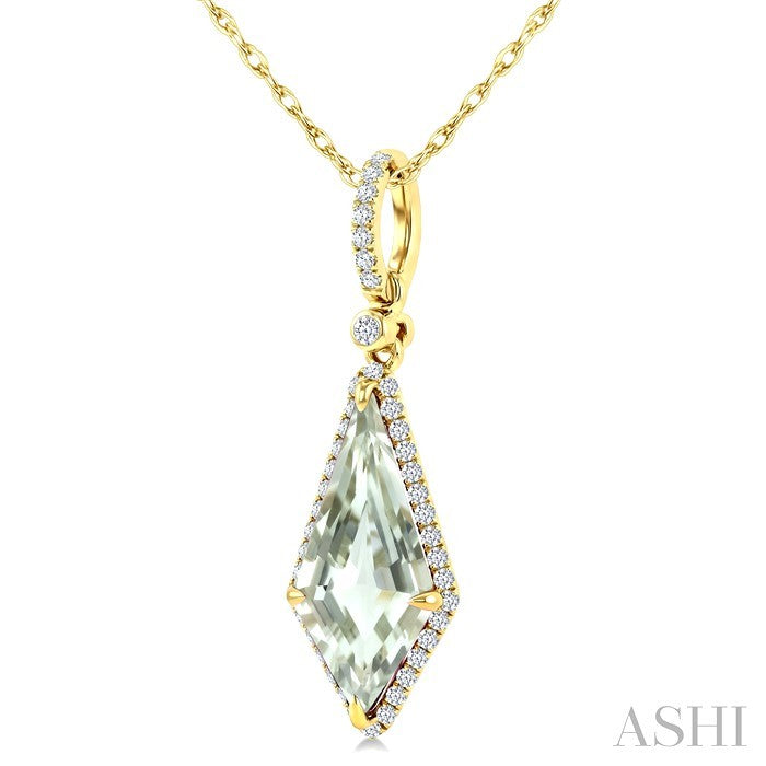 16X7 MM Evoque Gemstone Kite Shape Green Amethyst and 1/5 Ctw Round Cut Diamond Semi-Precious Pendant With Chain in 10K 