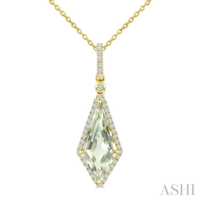 16X7 MM Evoque Gemstone Kite Shape Green Amethyst and 1/5 Ctw Round Cut Diamond Semi-Precious Pendant With Chain in 10K 