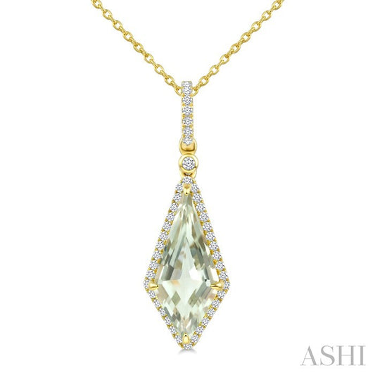 16X7 MM Evoque Gemstone Kite Shape Green Amethyst and 1/5 Ctw Round Cut Diamond Semi-Precious Pendant With Chain in 10K 