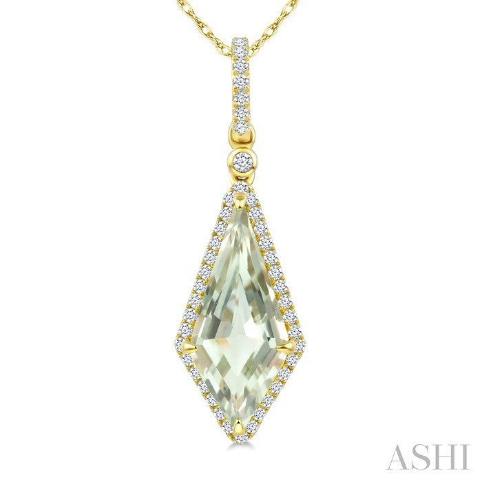 16X7 MM Evoque Gemstone Kite Shape Green Amethyst and 1/5 Ctw Round Cut Diamond Semi-Precious Pendant With Chain in 10K 