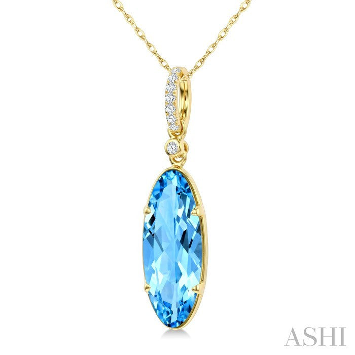 16X6 MM Evoque Gemstones Oval Shape Blue Topaz and 1/20 Ctw Round Cut Diamond Semi-Precious Pendant With Chain in 10K Ye