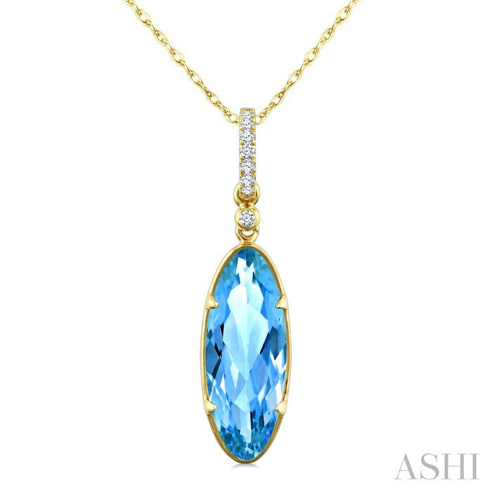 16X6 MM Evoque Gemstones Oval Shape Blue Topaz and 1/20 Ctw Round Cut Diamond Semi-Precious Pendant With Chain in 10K Ye