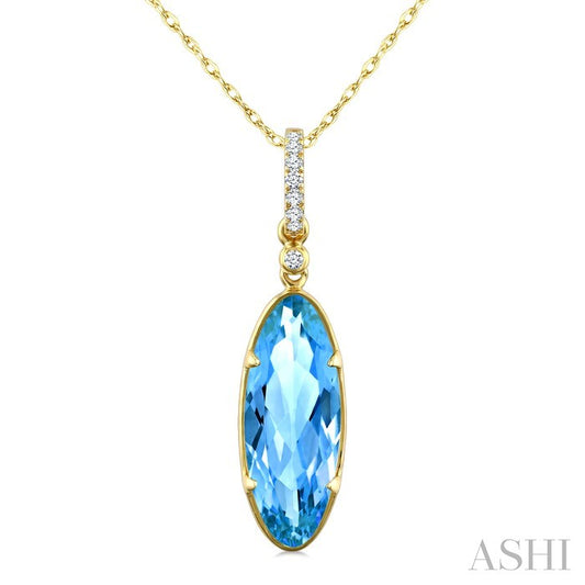 16X6 MM Evoque Gemstones Oval Shape Blue Topaz and 1/20 Ctw Round Cut Diamond Semi-Precious Pendant With Chain in 10K Ye