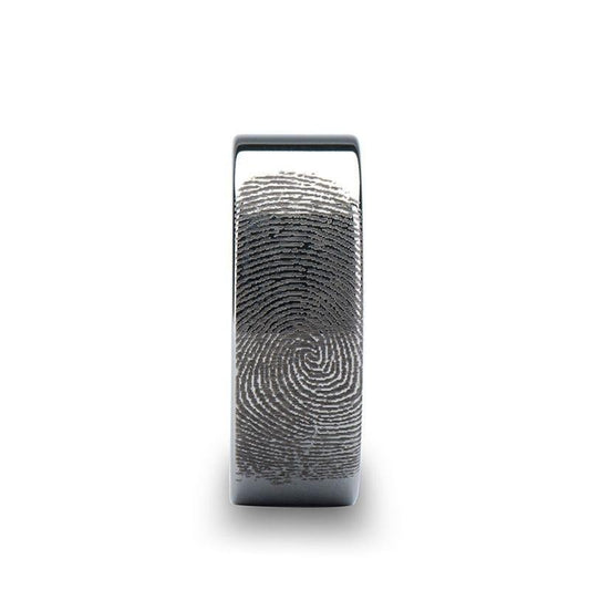 Fingerprint Engraved Flat Pipe Cut Tungsten Ring Polished - Spartan - 4mm - 12mm - 8mm