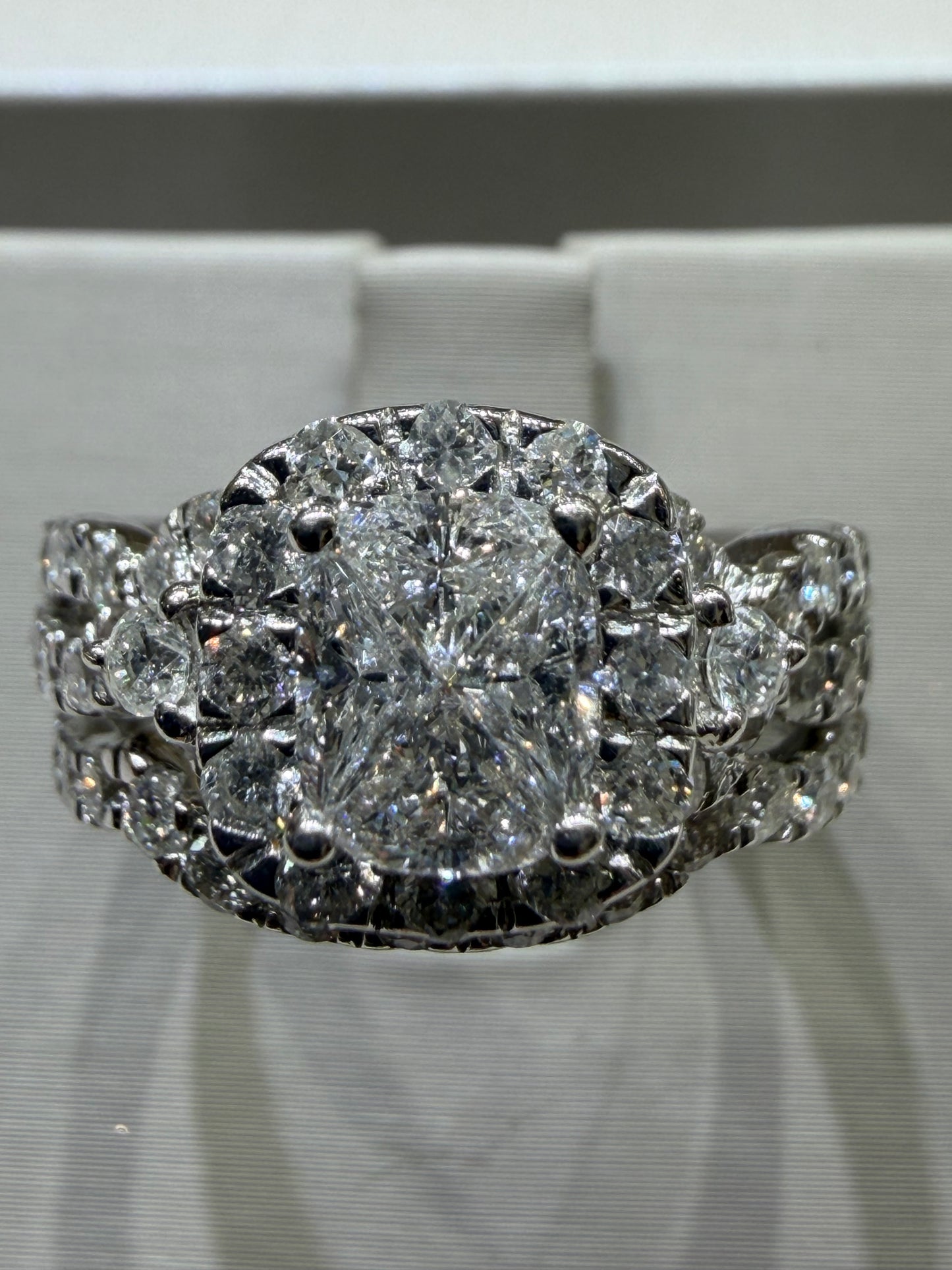 2.00 CTW Radiant-Style Composite Diamond Twist Halo Wedding Set in 14K White Gold – 0.53 CT Center
