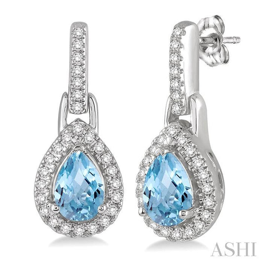 6X4 MM Pear Shape Aquamarine and 1/5 Ctw Round Cut Diamond Earrings in 10K White Gold