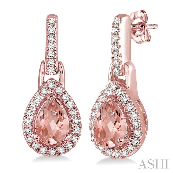 6X4 MM Pear Shape Morganite and 1/5 Ctw Round Cut Diamond Earrings in 10K Rose Gold