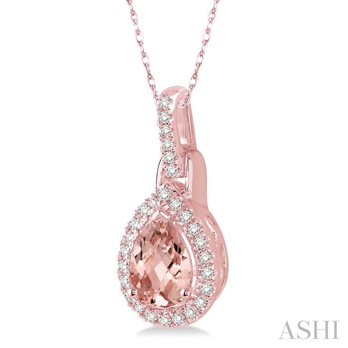 7X5 MM Pear Shape Morganite and 1/10 Ctw Round Cut Diamond Pendant in 10K Rose Gold with Chain