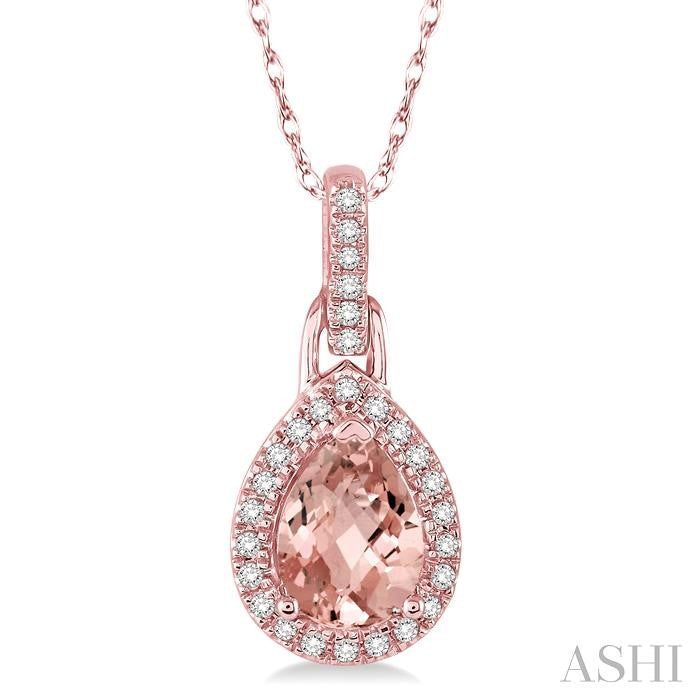 7X5 MM Pear Shape Morganite and 1/10 Ctw Round Cut Diamond Pendant in 10K Rose Gold with Chain