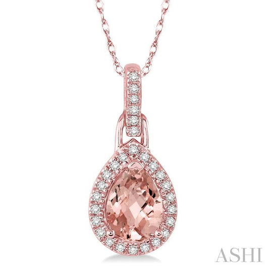 7X5 MM Pear Shape Morganite and 1/10 Ctw Round Cut Diamond Pendant in 10K Rose Gold with Chain