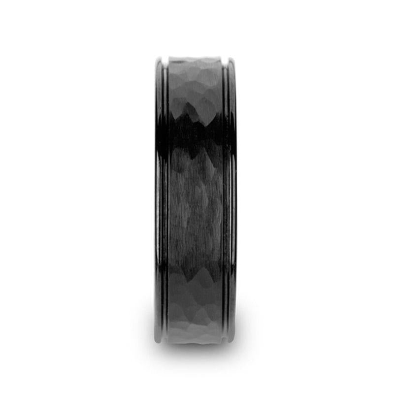 REVENANT Hammered Finish Center Black Ceramic Wedding Band with Dual Offset Grooves and Polished Edges - 6mm or 8mm