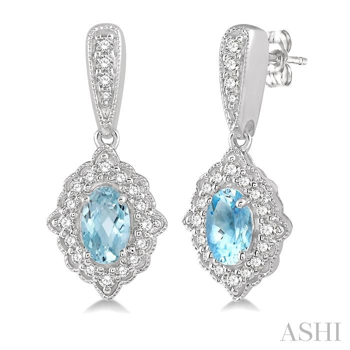 5X3 MM Oval Shape Aquamarine and 1/4 Ctw Round Cut Diamond Semi-Precious Earrings in 10K White Gold