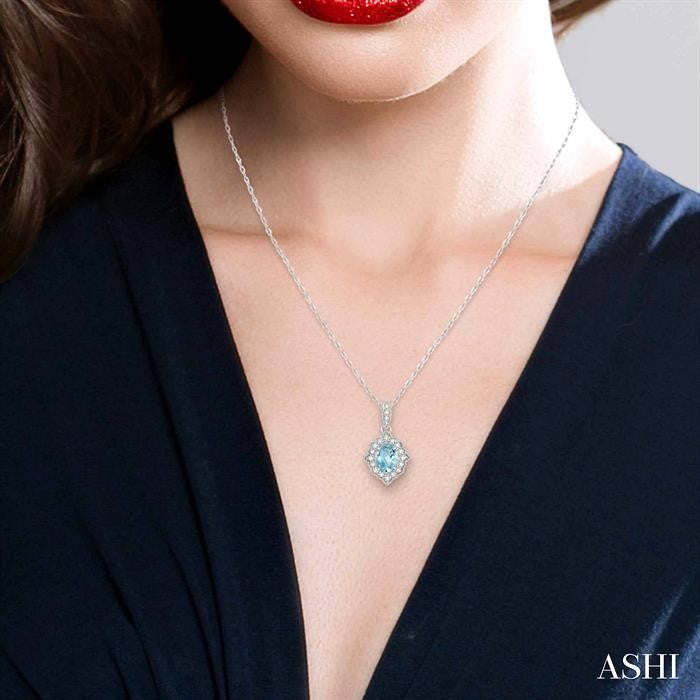 6X4 MM Ethnic Oval Cut Aquamarine and 1/6 Ctw Round Cut Diamond Semi-Precious Pendant in 10K White Gold with chain