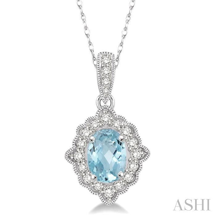 6X4 MM Ethnic Oval Cut Aquamarine and 1/6 Ctw Round Cut Diamond Semi-Precious Pendant in 10K White Gold with chain