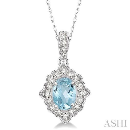 6X4 MM Ethnic Oval Cut Aquamarine and 1/6 Ctw Round Cut Diamond Semi-Precious Pendant in 10K White Gold with chain