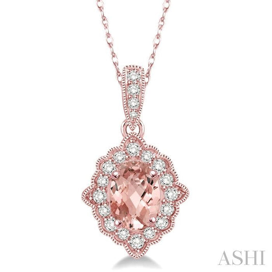 6X4 MM Ethnic Oval Cut Morganite and 1/6 Ctw Round Cut Diamond Semi-Precious Pendant in 10K Rose Gold with chain