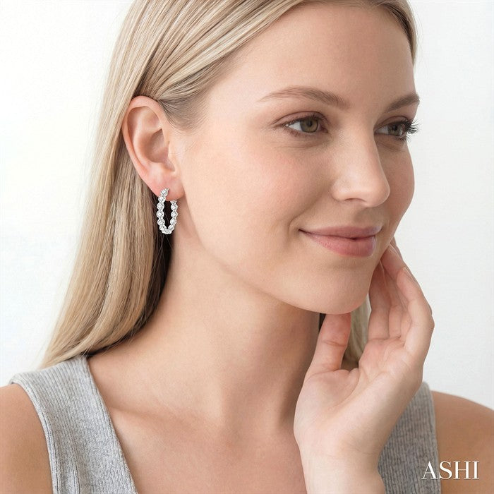 3 Ctw Inside-Out Single Prong Set Round Cut Diamond Hoop Earrings in 14K White Gold