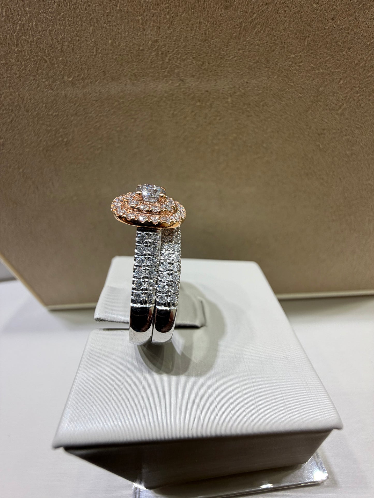14K Two-Tone Double Halo Diamond Wedding Set | Rose & White Gold .96ctw .25ctr