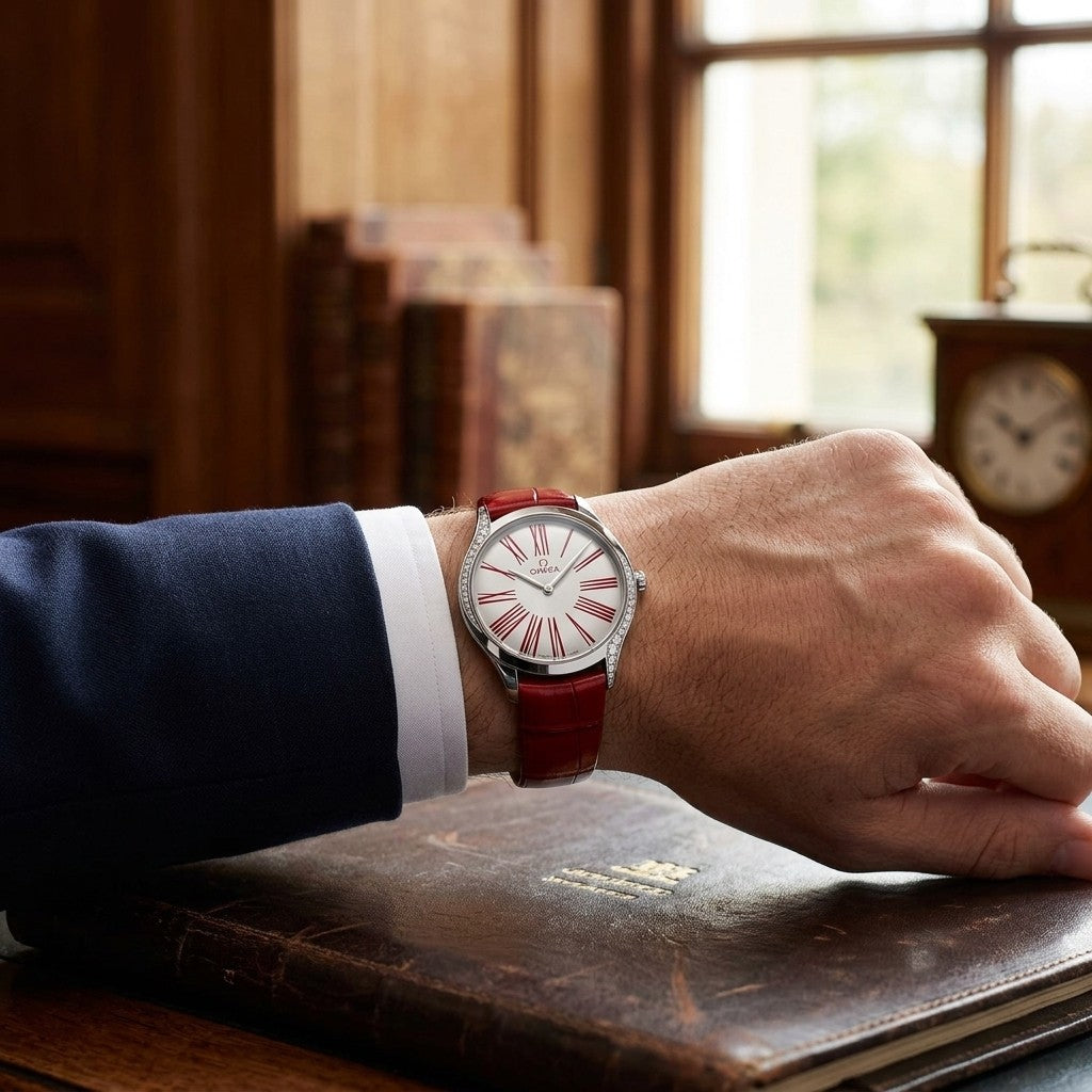 Omega de Ville Trésor 36 mm — Steel on Leather Strap — lifestyle