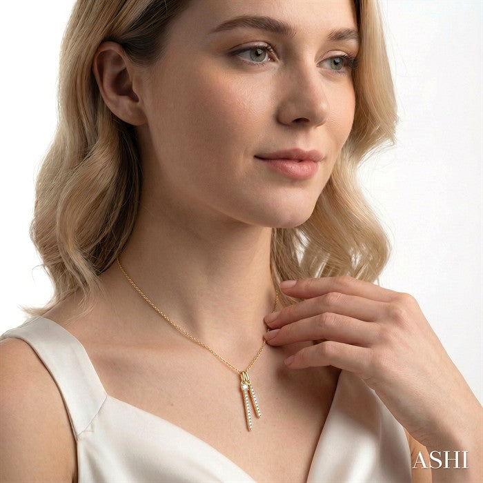 1/6 Ctw Twin Vertical Bar Round Cut Diamond Fashion Pendant With Chain in 14K Yellow Gold