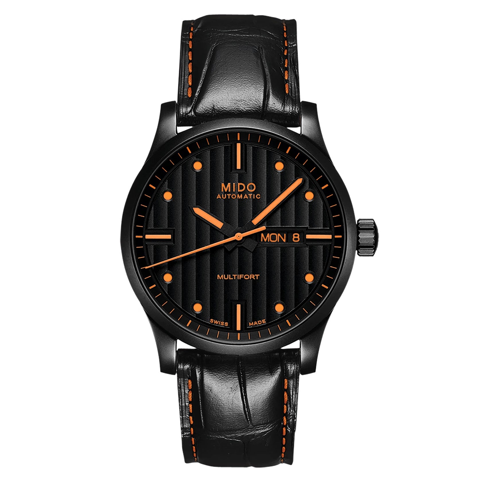 MIDO Multifort Gent Black Dial Stainless Steel with Black PVD Coating - Black Leather Strap and additional Orange strap 