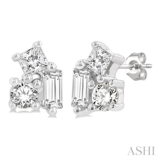 1/6 Ctw Petite Tri-Stone Scatter Princess, Baguette & Round Cut Diamond Fashion Stud Earrings in 10K White Gold